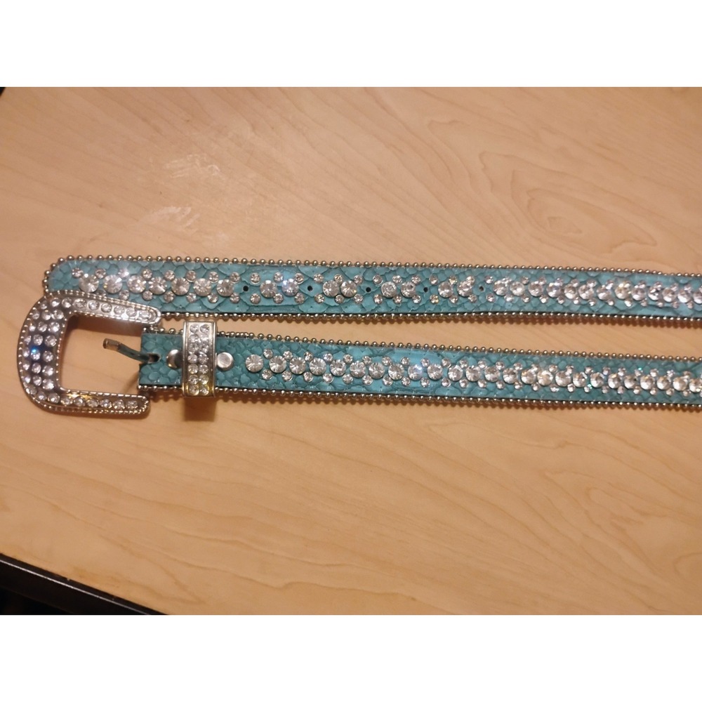 Nice Shape Rhinestone Studded Teal Western Style Bling Waist Belt Cowgirl 43" Lg